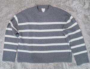 H&M Loose Fit Heather Gray Ivory Striped Crewneck Sweater Womens Size L